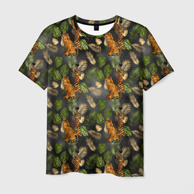 Мужская футболка 3D с принтом Тропики и тигры в Кировске, 100% полиэфир | прямой крой, круглый вырез горловины, длина до линии бедер | африка | листья | паттерн | тропики | цветы