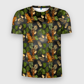 Мужская футболка 3D Slim с принтом Тропики и тигры в Кировске, 100% полиэстер с улучшенными характеристиками | приталенный силуэт, круглая горловина, широкие плечи, сужается к линии бедра | африка | листья | паттерн | тропики | цветы