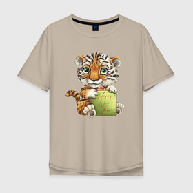 Мужская футболка хлопок Oversize с принтом Новогодний милашка тигрёнок в Тюмени, 100% хлопок | свободный крой, круглый ворот, “спинка” длиннее передней части | Тематика изображения на принте: cutie | eyes | gift | holiday | muzzle | new year | paws | tail | tiger | глаза | лапы | милашка | мордочка | новый год | подарок | праздник | тигрёнок | хвост