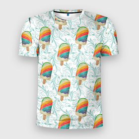 Мужская футболка 3D Slim с принтом разноцветное мороженое паттерном в Белгороде, 100% полиэстер с улучшенными характеристиками | приталенный силуэт, круглая горловина, широкие плечи, сужается к линии бедра | ice | мороженое | мороженое на палочке | паттерн | сладости