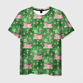 Мужская футболка 3D с принтом Кактусы в горшках green в Петрозаводске, 100% полиэфир | прямой крой, круглый вырез горловины, длина до линии бедер | горшки | кактус | кактусы | колючий | колючки | цветок