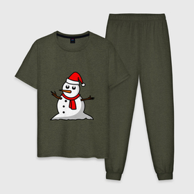 Мужская пижама хлопок с принтом Двухсторонний снеговик в Екатеринбурге, 100% хлопок | брюки и футболка прямого кроя, без карманов, на брюках мягкая резинка на поясе и по низу штанин
 | snowman | большой снеговик | снеговик новогодний | снеговик с морковкой | снеговик с руками палками | снеговик с угольками глазками | снеговик спиной | снежная баба | снежный человек
