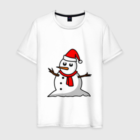 Мужская футболка хлопок с принтом Двухсторонний снеговик в Тюмени, 100% хлопок | прямой крой, круглый вырез горловины, длина до линии бедер, слегка спущенное плечо. | snowman | большой снеговик | снеговик новогодний | снеговик с морковкой | снеговик с руками палками | снеговик с угольками глазками | снеговик спиной | снежная баба | снежный человек