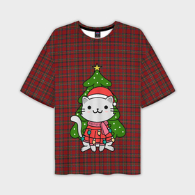 Мужская футболка OVERSIZE 3D с принтом КОТИК И ЁЛОЧКА | НОВОГОДНЯЯ ,  |  | 2020 | 2021 | 2022 | cat | cats | christmas | merry | гирлянды | елка | кот | леденец | мяу | нг | новогодний | новый год | олени | рождество | свитер | узоры