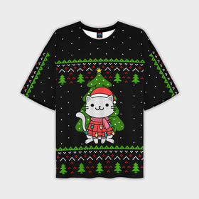 Мужская футболка OVERSIZE 3D с принтом КОТЁНОК И ЁЛОЧКА | НОВОГОДНЯЯ ,  |  | 2020 | 2021 | 2022 | cat | cats | christmas | merry | гирлянды | кот | леденец | мяу | нг | новогодний | новый год | олени | рождество | свитер | узоры