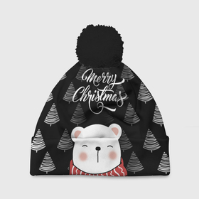 Шапка 3D c помпоном с принтом MERRY CHRISTMAS BEARS в Белгороде, 100% полиэстер | универсальный размер, печать по всей поверхности изделия | Тематика изображения на принте: 2021 | 2022 | new year | деда мороза | зима | к нам приходит | как у всех | костюм | медвежонок | мишка | новогодний | новый год | праздник | рекомендации | рождество | снег | снежинки | снежок | узор | хочу