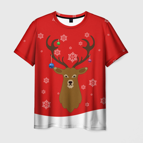 Мужская футболка 3D с принтом Новогодний олень New Years Deer в Новосибирске, 100% полиэфир | прямой крой, круглый вырез горловины, длина до линии бедер | 2021 | 2022 | happy new year | happy new year 2022 | новый год | олень | снег | снежинки | снежный олень | сугроб