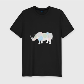 Мужская футболка хлопок Slim с принтом Волшебный носорог в Кировске, 92% хлопок, 8% лайкра | приталенный силуэт, круглый вырез ворота, длина до линии бедра, короткий рукав | африка | волшебство | животное | животные | звери | зверь | мило | милота | носорог | пятна | пятнистый | разноцветный | сказка | экзотика