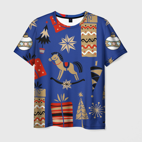 Мужская футболка 3D с принтом Новогодний узор.. в Петрозаводске, 100% полиэфир | прямой крой, круглый вырез горловины, длина до линии бедер | ёлки | лошадка | новогодний узор | новый год | подарок | подарок детям | узор