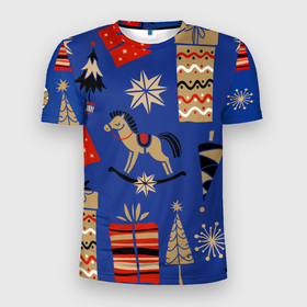 Мужская футболка 3D спортивная с принтом Новогодний узор.. в Тюмени, 100% полиэстер с улучшенными характеристиками | приталенный силуэт, круглая горловина, широкие плечи, сужается к линии бедра | ёлки | лошадка | новогодний узор | новый год | подарок | подарок детям | узор