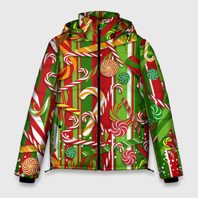 Мужская зимняя куртка 3D с принтом Рождественские леденцы в Тюмени, верх — 100% полиэстер; подкладка — 100% полиэстер; утеплитель — 100% полиэстер | длина ниже бедра, свободный силуэт Оверсайз. Есть воротник-стойка, отстегивающийся капюшон и ветрозащитная планка. 

Боковые карманы с листочкой на кнопках и внутренний карман на молнии. | дед мороз | декор | конфеты | леденцы | новогодние | новый год | подарки | рождественские | рождество | санта | санта клаус