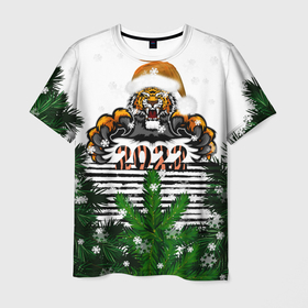 Мужская футболка 3D с принтом Новогодний Тигр Среди Елок в Петрозаводске, 100% полиэфир | прямой крой, круглый вырез горловины, длина до линии бедер | 2022 | black | cat | christmas | merry | new year | tiger | xmas | водяной | год тигра | елка | животные | кот | кошки | новый год | паттерн | полосатый | рождество | снег | снежинки | сосна | тигры | узор | цветы | черный