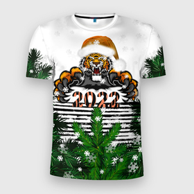 Мужская футболка 3D Slim с принтом Новогодний Тигр Среди Елок в Новосибирске, 100% полиэстер с улучшенными характеристиками | приталенный силуэт, круглая горловина, широкие плечи, сужается к линии бедра | 2022 | black | cat | christmas | merry | new year | tiger | xmas | водяной | год тигра | елка | животные | кот | кошки | новый год | паттерн | полосатый | рождество | снег | снежинки | сосна | тигры | узор | цветы | черный