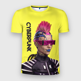 Мужская футболка 3D Slim с принтом Cyberpunk (Панк) в Белгороде, 100% полиэстер с улучшенными характеристиками | приталенный силуэт, круглая горловина, широкие плечи, сужается к линии бедра | Тематика изображения на принте: 3d | cuberpunk 2077 | cyberpunk | девушка панк | игра | надпись | панк