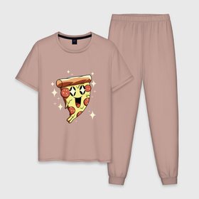 Мужская пижама хлопок с принтом CUTE PIZZA в Новосибирске, 100% хлопок | брюки и футболка прямого кроя, без карманов, на брюках мягкая резинка на поясе и по низу штанин
 | Тематика изображения на принте: cute | pepperoni | pizza | еда | кусок | кусок пиццы | пепперони | пицца