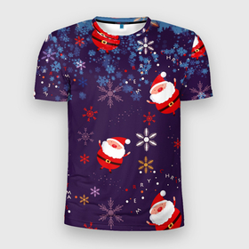 Мужская футболка 3D спортивная с принтом Дед Мороз в снежинках в Курске, 100% полиэстер с улучшенными характеристиками | приталенный силуэт, круглая горловина, широкие плечи, сужается к линии бедра | 2021 | happy new year 2022 | дед мороз | новый год | новый год 2022 | праздник | санта | снежинки