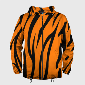 Мужская ветровка 3D с принтом Текстура тигра/tiger в Екатеринбурге, 100% полиэстер | подол и капюшон оформлены резинкой с фиксаторами, два кармана без застежек по бокам, один потайной карман на груди | tiger | кошка | оранжевый черный | символ 22 года | текстура | тигр