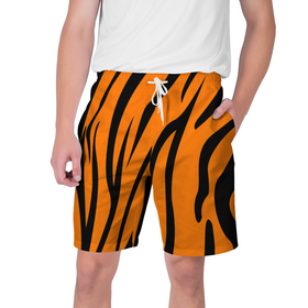 Мужские шорты 3D с принтом Текстура тигра/tiger в Тюмени,  полиэстер 100% | прямой крой, два кармана без застежек по бокам. Мягкая трикотажная резинка на поясе, внутри которой широкие завязки. Длина чуть выше колен | tiger | кошка | оранжевый черный | символ 22 года | текстура | тигр