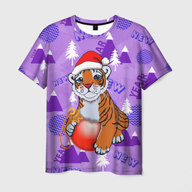 Мужская футболка 3D с принтом Тигренок с елочным шариком в Петрозаводске, 100% полиэфир | прямой крой, круглый вырез горловины, длина до линии бедер | 2022 | newyear2022 | новый год | новыйгод2022 | символ года | тигр | тигр2022 | тигренок