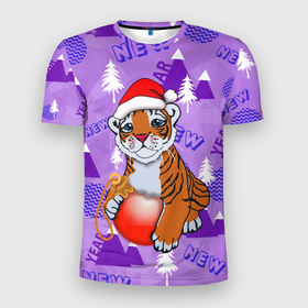 Мужская футболка 3D спортивная с принтом Тигренок с елочным шариком , 100% полиэстер с улучшенными характеристиками | приталенный силуэт, круглая горловина, широкие плечи, сужается к линии бедра | Тематика изображения на принте: 2022 | newyear2022 | новый год | новыйгод2022 | символ года | тигр | тигр2022 | тигренок