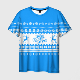 Мужская футболка 3D с принтом MERRY CHRISTMAS | BLUE в Екатеринбурге, 100% полиэфир | прямой крой, круглый вырез горловины, длина до линии бедер | 2020 | 2021 | 2022 | christmas | merry | santa | дед мороз | кот | леденец | мяу | нг | новогодний | новый год | олени | рождество | санта клаус | свитер | узоры