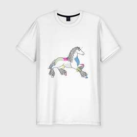 Мужская футболка хлопок Slim с принтом Разноцветный единорог на светлом , 92% хлопок, 8% лайкра | приталенный силуэт, круглый вырез ворота, длина до линии бедра, короткий рукав | волшебство | единорог | животное | животные | звери | зверь | конь | лошадь | магия | сказка | фауна