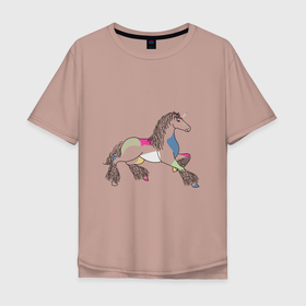 Мужская футболка хлопок Oversize с принтом Разноцветный единорог на светлом в Санкт-Петербурге, 100% хлопок | свободный крой, круглый ворот, “спинка” длиннее передней части | Тематика изображения на принте: волшебство | единорог | животное | животные | звери | зверь | конь | лошадь | магия | сказка | фауна
