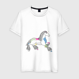 Мужская футболка хлопок с принтом Разноцветный единорог на светлом , 100% хлопок | прямой крой, круглый вырез горловины, длина до линии бедер, слегка спущенное плечо. | волшебство | единорог | животное | животные | звери | зверь | конь | лошадь | магия | сказка | фауна