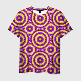 Мужская футболка 3D с принтом Желто Фиолетовые цветы (иллюзия расширения) в Курске, 100% полиэфир | прямой крой, круглый вырез горловины, длина до линии бедер | абстракция | аум | галлюцинация | зазеркалье | игра ума | иллюзии | индиго | майя | мантра | медитация | мираж | неон | нирвана | обман зрения | ом | оптические иллюзии | просветление | психоделика