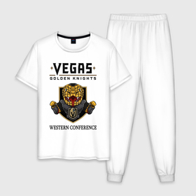 Мужская пижама хлопок с принтом Vegas Golden Knights Вегас Золотые Рыцари в Петрозаводске, 100% хлопок | брюки и футболка прямого кроя, без карманов, на брюках мягкая резинка на поясе и по низу штанин
 | Тематика изображения на принте: golden | hockey | ice | knights | nhl | sport | team | vegsd | вегас | золото | лед | нхл | рыцари | спорт | хоккей | шайбу