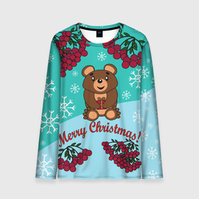 Мужской лонгслив 3D с принтом Мишка и рождество в Новосибирске, 100% полиэстер | длинные рукава, круглый вырез горловины, полуприлегающий силуэт | Тематика изображения на принте: 2022 | merry christmas | ветки | год тигра | детский | животные | зима | зимний | лес | медведь | мишка | мультяшный | новогодний | новый год | подарок | праздничный | рождество | рябина | снег | снегопад
