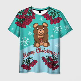 Мужская футболка 3D с принтом Мишка и рождество в Петрозаводске, 100% полиэфир | прямой крой, круглый вырез горловины, длина до линии бедер | Тематика изображения на принте: 2022 | merry christmas | ветки | год тигра | детский | животные | зима | зимний | лес | медведь | мишка | мультяшный | новогодний | новый год | подарок | праздничный | рождество | рябина | снег | снегопад