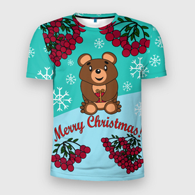 Мужская футболка 3D спортивная с принтом Мишка и рождество в Петрозаводске, 100% полиэстер с улучшенными характеристиками | приталенный силуэт, круглая горловина, широкие плечи, сужается к линии бедра | Тематика изображения на принте: 2022 | merry christmas | ветки | год тигра | детский | животные | зима | зимний | лес | медведь | мишка | мультяшный | новогодний | новый год | подарок | праздничный | рождество | рябина | снег | снегопад