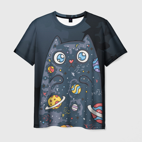 Мужская футболка 3D с принтом Космический кот в планетах в Петрозаводске, 100% полиэфир | прямой крой, круглый вырез горловины, длина до линии бедер | животное | космический | космос | кот | кот марсианин | планеты