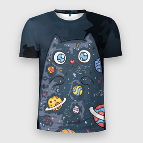 Мужская футболка 3D спортивная с принтом Космический кот в планетах в Курске, 100% полиэстер с улучшенными характеристиками | приталенный силуэт, круглая горловина, широкие плечи, сужается к линии бедра | Тематика изображения на принте: животное | космический | космос | кот | кот марсианин | планеты