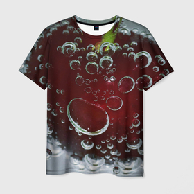 Мужская футболка 3D с принтом Сочная вишня под водой в Петрозаводске, 100% полиэфир | прямой крой, круглый вырез горловины, длина до линии бедер | Тематика изображения на принте: zoom | вишня | вода | воздух | пузырьки | сочно | спелая | спелый