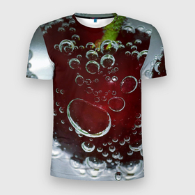 Мужская футболка 3D Slim с принтом Сочная вишня под водой в Тюмени, 100% полиэстер с улучшенными характеристиками | приталенный силуэт, круглая горловина, широкие плечи, сужается к линии бедра | Тематика изображения на принте: zoom | вишня | вода | воздух | пузырьки | сочно | спелая | спелый