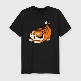 Мужская футболка хлопок Slim с принтом милый тигренок cute tiger в Екатеринбурге, 92% хлопок, 8% лайкра | приталенный силуэт, круглый вырез ворота, длина до линии бедра, короткий рукав | 2022 | год тигра | новый год | новый год 2022 | символ года | тигр | тигренок | тигрица | тигры