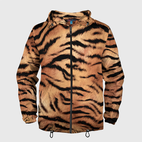 Мужская ветровка 3D с принтом Шкура тигра текстура в Новосибирске, 100% полиэстер | подол и капюшон оформлены резинкой с фиксаторами, два кармана без застежек по бокам, один потайной карман на груди | 2022 | год тигра | новый год | новый год 2022 | символ года | тигр | тигренок | тигрица | тигры