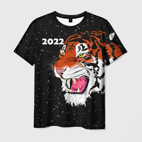 Мужская футболка 3D с принтом Рычащий Тигр и Снегопад 2022 в Кировске, 100% полиэфир | прямой крой, круглый вырез горловины, длина до линии бедер | 2022 | black | cat | christmas | merry | new year | snow | tiger | xmas | водяной | год тигра | животные | кот | кошки | новый год | паттерн | полосатый | рождество | снег | снежинки | тигры | узор | цветы | черный