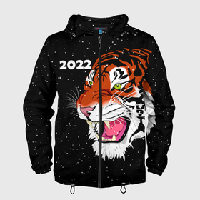 Мужская ветровка 3D с принтом Рычащий Тигр и Снегопад 2022 в Курске, 100% полиэстер | подол и капюшон оформлены резинкой с фиксаторами, два кармана без застежек по бокам, один потайной карман на груди | Тематика изображения на принте: 2022 | black | cat | christmas | merry | new year | snow | tiger | xmas | водяной | год тигра | животные | кот | кошки | новый год | паттерн | полосатый | рождество | снег | снежинки | тигры | узор | цветы | черный