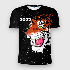 Мужская футболка 3D спортивная с принтом Рычащий Тигр и Снегопад 2022 в Санкт-Петербурге, 100% полиэстер с улучшенными характеристиками | приталенный силуэт, круглая горловина, широкие плечи, сужается к линии бедра | Тематика изображения на принте: 2022 | black | cat | christmas | merry | new year | snow | tiger | xmas | водяной | год тигра | животные | кот | кошки | новый год | паттерн | полосатый | рождество | снег | снежинки | тигры | узор | цветы | черный