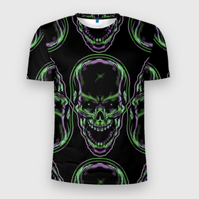 Мужская футболка 3D спортивная с принтом Skulls vanguard pattern 2077 в Белгороде, 100% полиэстер с улучшенными характеристиками | приталенный силуэт, круглая горловина, широкие плечи, сужается к линии бедра | Тематика изображения на принте: fashion | hype | neon | pattern | skull | vanguard | авангард | неон | узор | хайп | череп