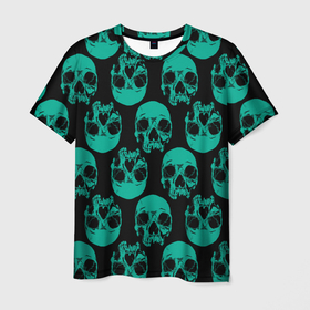 Мужская футболка 3D с принтом Узор из зелёных черепков в Новосибирске, 100% полиэфир | прямой крой, круглый вырез горловины, длина до линии бедер | Тематика изображения на принте: fashion | hype | pattern | skull | мода | узор | хайп | череп