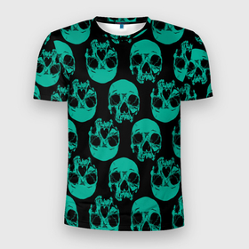 Мужская футболка 3D спортивная с принтом Узор из зелёных черепков в Новосибирске, 100% полиэстер с улучшенными характеристиками | приталенный силуэт, круглая горловина, широкие плечи, сужается к линии бедра | Тематика изображения на принте: fashion | hype | pattern | skull | мода | узор | хайп | череп