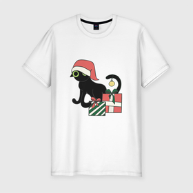 Мужская футболка хлопок Slim с принтом новогодний кот 2022 в Екатеринбурге, 92% хлопок, 8% лайкра | приталенный силуэт, круглый вырез ворота, длина до линии бедра, короткий рукав | дед мороз | ёлки | кот | котик | котэ | новый год | снегурка | черный кот