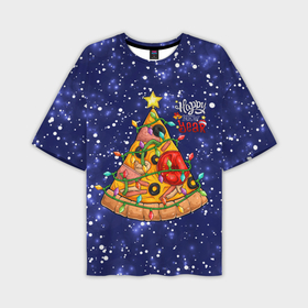 Мужская футболка OVERSIZE 3D с принтом Новогодняя Елка Пицца в Кировске,  |  | christmas | pizza | гирлянда | елка | ель | звезда | новый год | пицца | рождество