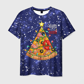 Мужская футболка 3D с принтом Новогодняя Елка Пицца в Екатеринбурге, 100% полиэфир | прямой крой, круглый вырез горловины, длина до линии бедер | Тематика изображения на принте: christmas | pizza | гирлянда | елка | ель | звезда | новый год | пицца | рождество