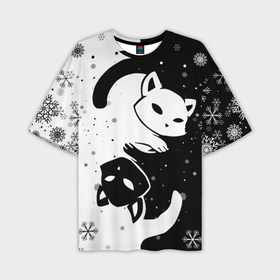 Мужская футболка OVERSIZE 3D с принтом Новогодние два кота кувыркаются. в Курске,  |  | happy new year | merry christmas | зима близко | кот | коты | коты кувыркаются | котэ | новогодние коты | новогодний кот | снег | снежинки