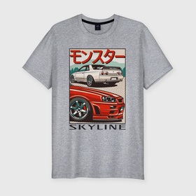 Мужская футболка хлопок Slim с принтом Nissan Skyline Ниссан Скайлайн в Санкт-Петербурге, 92% хлопок, 8% лайкра | приталенный силуэт, круглый вырез ворота, длина до линии бедра, короткий рукав | auto | car | japan | nissan | racing | retro | авто | гонки | машины | ниссан | ретро | скайлайн | тачки | япония